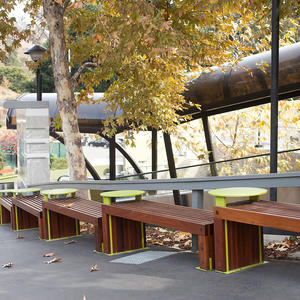 Custom Hudson Benches with powdercoated tables and FSC 100% Ipé hardwood slats