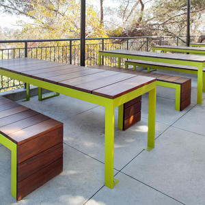 Duo Benches and custom Duo Tables with powdercoated frames and FSC 100% Ipé hard