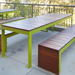 Duo Benches and custom Duo Tables with powdercoated frames and FSC 100% Ipé hard