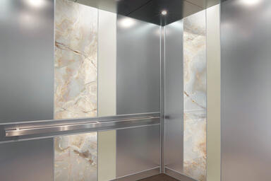 ViviStone Opal Onyx glass with Standard finish shown in a LEVELe-101 Elevator 