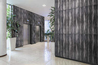 Wall panels shown with CastGlass Classic Levels glass in Hikaru + Obsidian