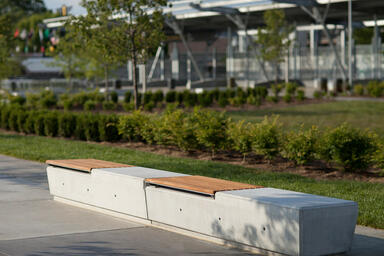 Knight Benches shown in backless configuration with FSC&reg; 100% hardwood slats