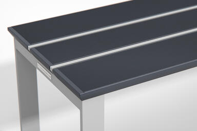 Detail of Apex Table Ensemble bench shown with Ink Blue Texture powdercoated alu