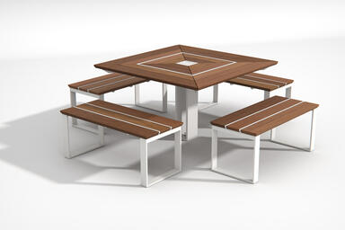 Apex Table Ensemble shown in four-bench configuration with FSC&reg; 100% Cumaru hard
