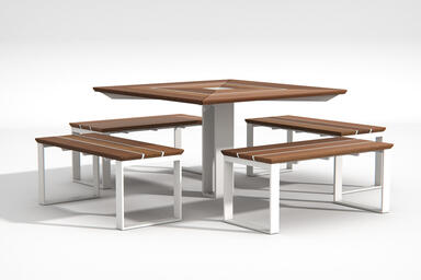 Apex Table Ensemble shown in four-bench configuration with FSC® 100% Cumaru hard