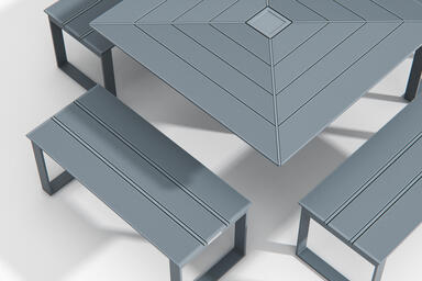 Apex Table Ensemble shown in four-bench configuration with Cool Grey Texture pow