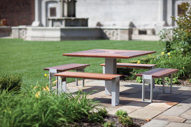 Apex Table Ensemble shown in four-bench configuration with FSC&reg; 100% hardwood sl