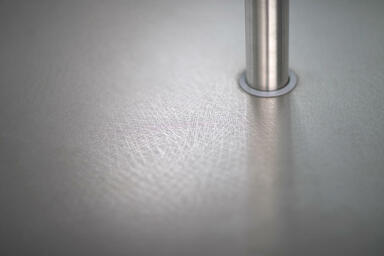 Detail of Tangent Table Ensemble with Stainless Steel table top with Diamond