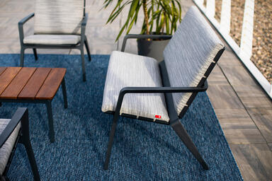 Vaya Textile Bench, Chairs and Vaya Side Table shown with Ink Blue Texture 