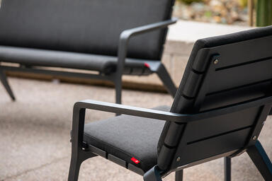 Vaya Textile Bench and Chair shown with Dark Grey Metallic Texture