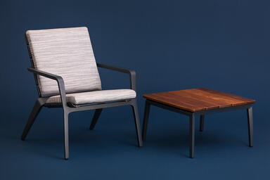 Vaya Textile Chair and Vaya Side Table shown with Ink Blue Texture 