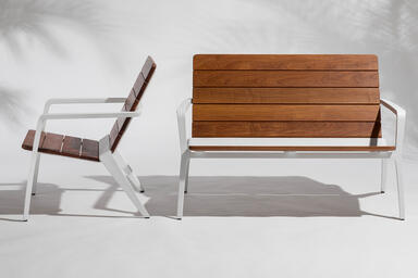 Vaya chair and bench shown with White Texture powdercoated frames and FSC&reg; 100%