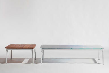 Vaya tables shown with White Texture powdercoated frames and tops in FSC&reg; 100%