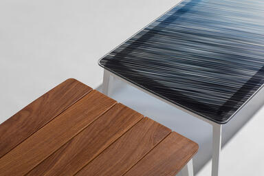 Detail of Vaya tables shown with White Texture powdercoated frames