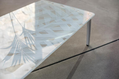 Vaya coffee table shown with White Texture powdercoated frame and ViviGraphix