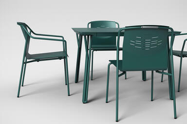 Factor Chairs with and without arms shown with formed aluminum seat in Deep Ocea