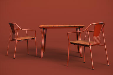 Factor Chairs with arms shown with FSC 100% Cumaru hardwood slat seat, and frame