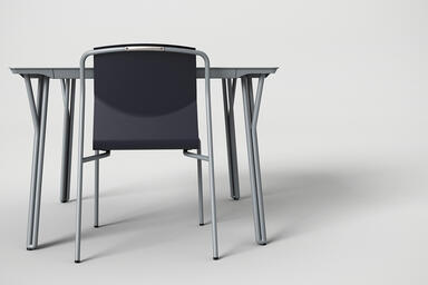 Factor Table shown with Cool Grey Texture powdercoated frame and aluminum table