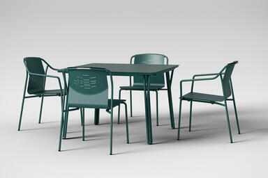 Factor Table shown with Deep Ocean Texture powdercoated frame and aluminum table