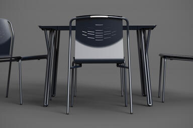 Factor Table shown with Ink Blue Texture powdercoated frame and aluminum table