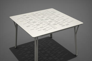Factor Table shown with Alabaster Texture powdercoated frame and aluminum table