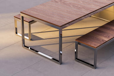 Duo Table Ensemble with polished stainless steel frames and FSC&reg; 100% Cumaru