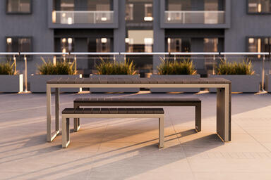 Duo Table Ensemble with stainless steel frames in Light Taupe Texture powdercoat