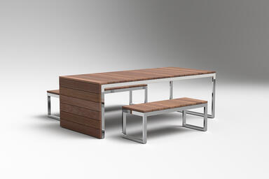 Duo Table Ensemble with polished stainless steel frames and FSC&reg; 100% Cumaru