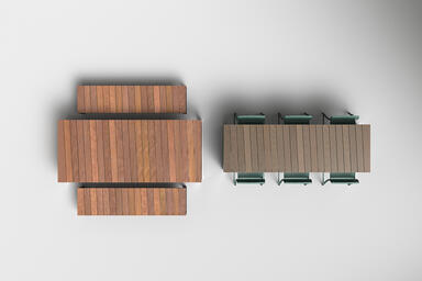 Duo Table Ensemble with FSC&reg; 100% Cumaru hardwood slats; Duo Bar Table with FSC&reg;