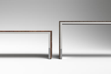 Duo Table with polished stainless steel frame and FSC&reg; 100% Cumaru hardwood slat