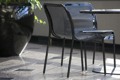 Vista Chairs with Black Gloss powdercoat; Column Table with 42" round table top,