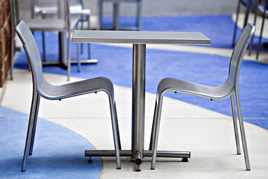 Vista Chairs with Bright Silver Gloss powdercoat; Cross Table with 36&quot; square ta
