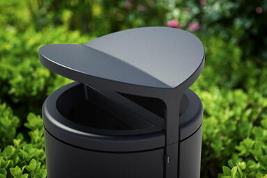 Detail of Tonyo Receptacle in 36-gallon, split-stream configuration with lid
