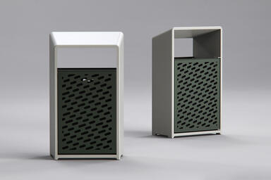 Bevel Litter Receptacles shown with perforated door and back in Moss Texture