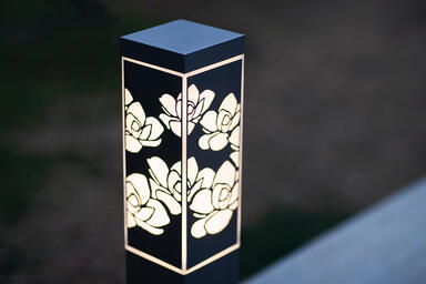 Rincon Bollard in Stainless Steel with Satin finish shown with custom shields