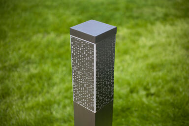 Rincon Bollard in Stainless Steel with Satin finish shown with Huron shields