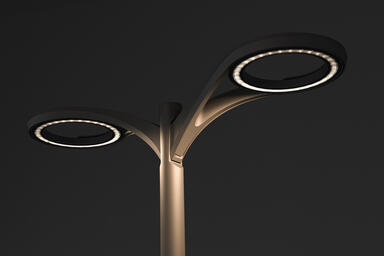 Aptos Pedestrian shown in double luminaire configuration with Argento Texture