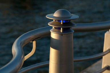 Custom Lighthouse Bollard with Stainless Steel finish and blue LED at the Hudson
