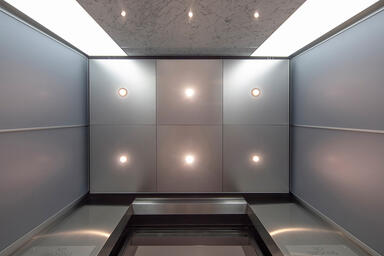 LEVELe-105 Elevator Interior with Capture panels in ViviChrome Chromis glass wit