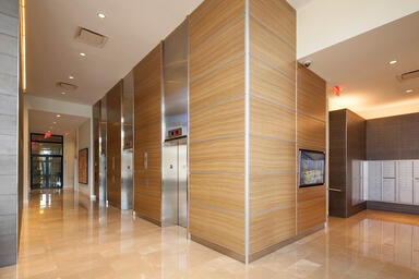 LEVELe Wall Cladding System with Capture panels; insets in custom wood veneer