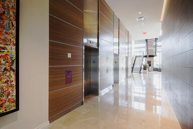 LEVELe Wall Cladding System with Capture panels; insets in custom wood veneer