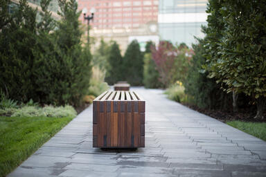 Hudson Benches shown in 8 foot configuration with FSC&reg; 100% hardwood slats