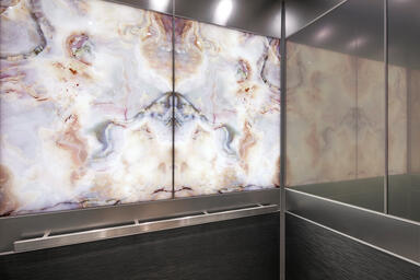LEVELe-106 Elevator Interior with LightPlane Panels in ViviStone Opal Onyx glass