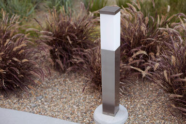 Rincon Bollard shown in Stainless Steel with Satin finish and base with custom 