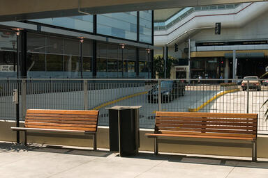 Knight Benches shown in 6 foot, backed configuration, Knight Litter Recepracle