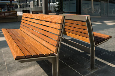 Knight Benches shown in 6 foot, backed configuration with Aluminum Texture 