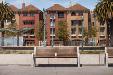Camber Benches shown in 6 foot configuration with Aluminum Texture powdercoated 