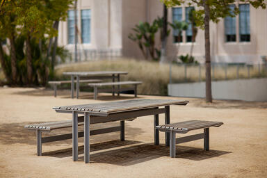 Knight Table Ensemble shown in backless, ADA configuration with Aluminum Texture