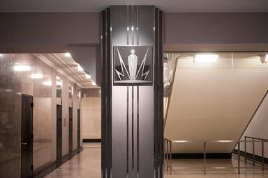 Column accent in Stainless Steel with Mirror finish and custom Eco-Etch pattern 