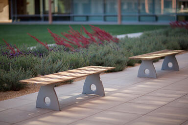 Leda Benches shown in 6 foot, backless configuration with Aluminum Texture